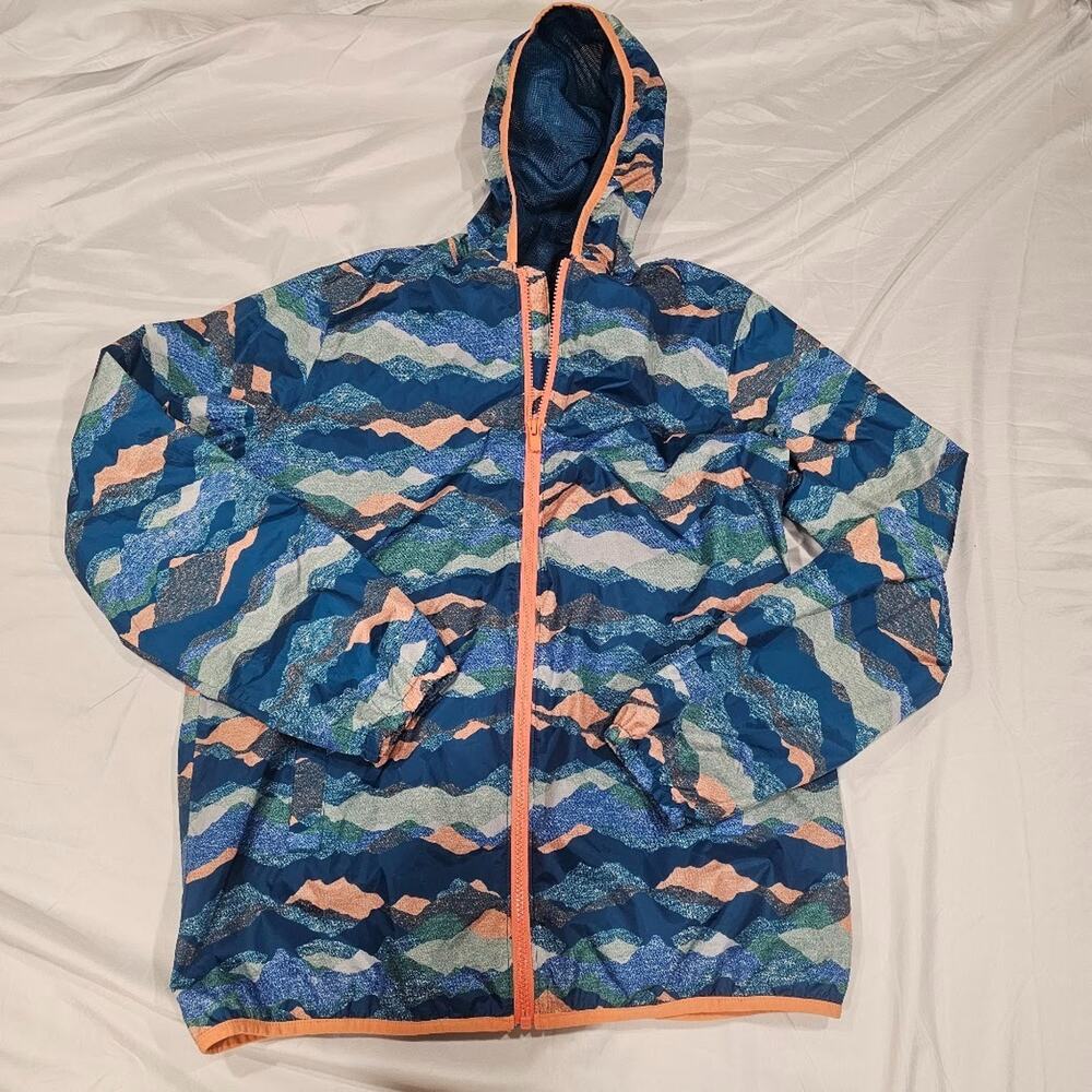 Lands' End Kids Windbreaker Rain Jacket XXL 18-20 Blue Mountain Print Packable